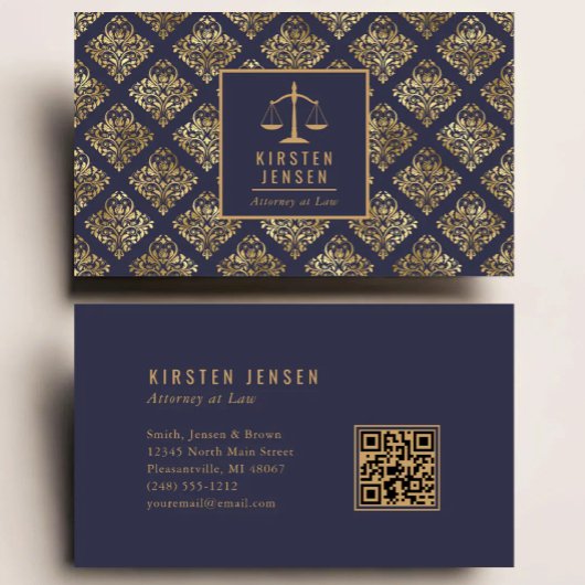 Anwalts-QR-Code Dunkelblau-Gold-Damaskus-Muster Visitenkarte