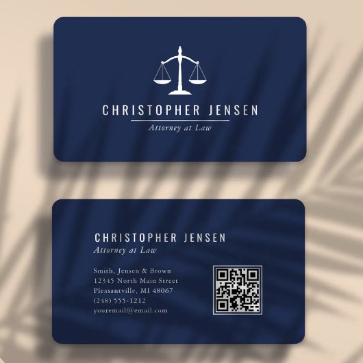 Anwalts-QR-Code Navyblau Weiße Waage Abgerundet Visitenkarte