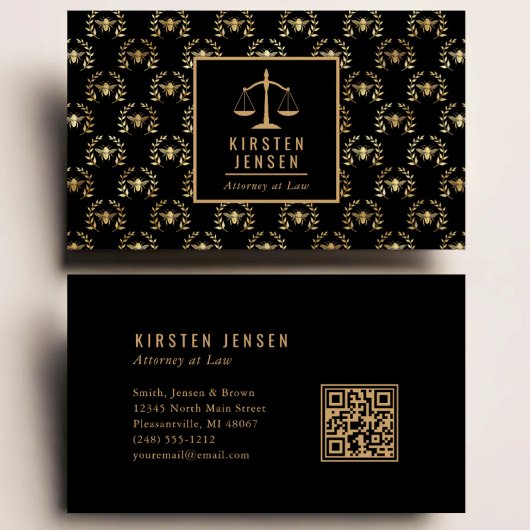 Anwalts-QR-Code Schwarz Gold Biene Lorbeer Muster Visitenkarte