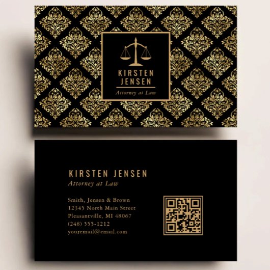 Anwalts-QR-Code Schwarz Gold Damastmuster Visitenkarte