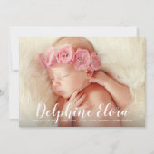 Anweisung Name White Script Baby Girl Foto Birth Ankündigung (Vorderseite)