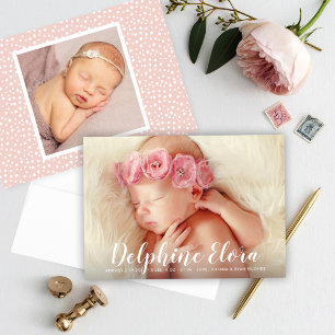 Anweisung Name White Script Baby Girl Foto Birth Ankündigung