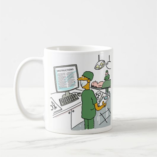 Anweisungen für asiatische Chirurgen-Karo vor der Kaffeetasse (Links)