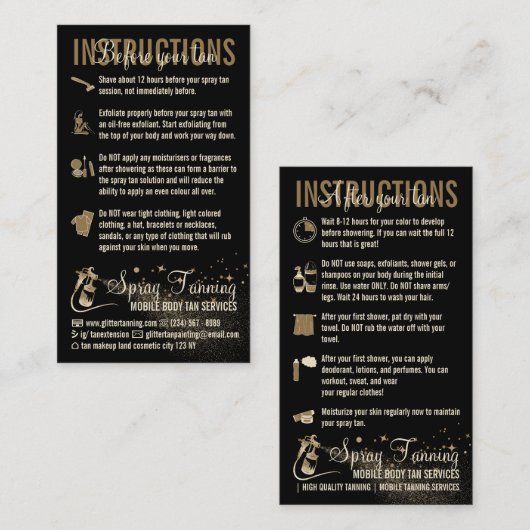 Anweisungen Spray Tan vor dem Betreuer Visitenkarte (Vorne/Hinten)