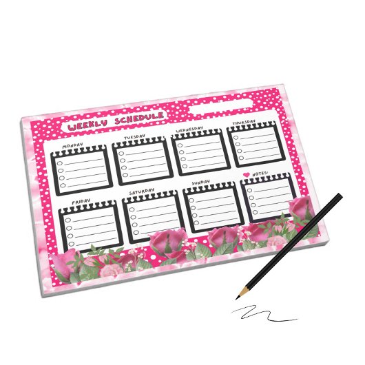 Anwendung wöchentlich mit rosa Rosen Notizblock