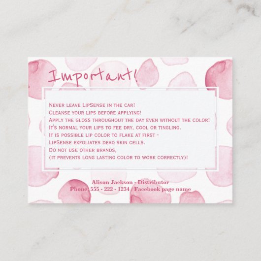 Anwendungshinweise für den Lippenvertrieb Visitenkarte (Rückseite)