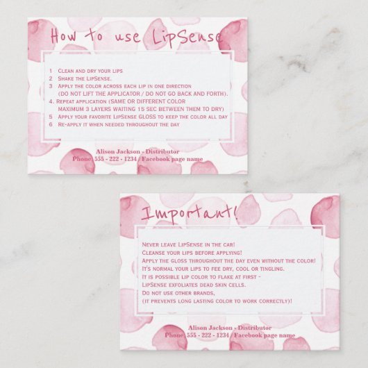 Anwendungshinweise für den Lippenvertrieb Visitenkarte (Vorne/Hinten)