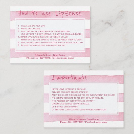 Anwendungshinweise für den Lippenvertrieb Visitenkarte (Vorne/Hinten)