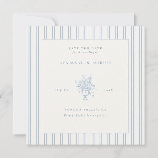 Anwesen Chic Blue Stripes Blumenvase Foto Hochzeit Save The Date (Vorderseite)
