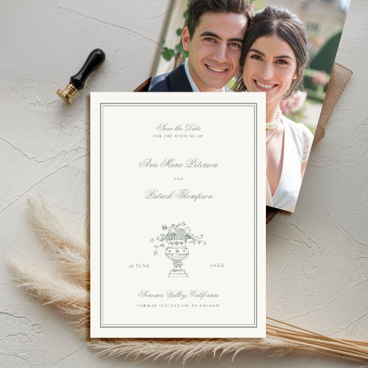 Anwesen florale Sage Green Frame Foto Hochzeit Save The Date