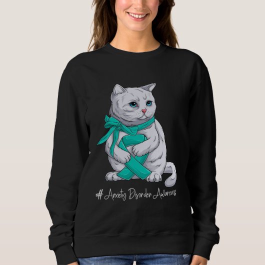 Anxiety Disorder Awareness Month Teal Ribbon Cat Sweatshirt (Vorderseite)