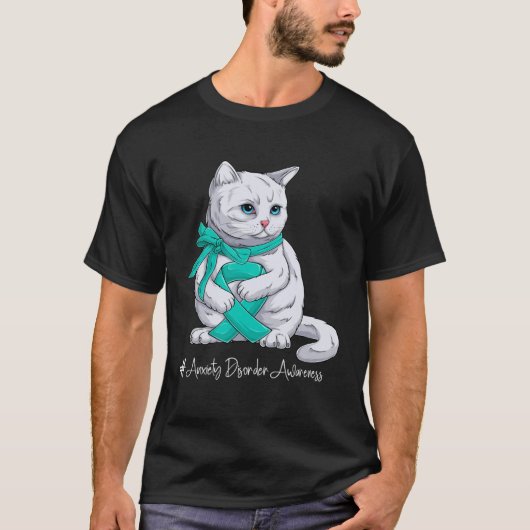 Anxiety Disorder Awareness Month Teal Ribbon Cat T-Shirt (Vorderseite)