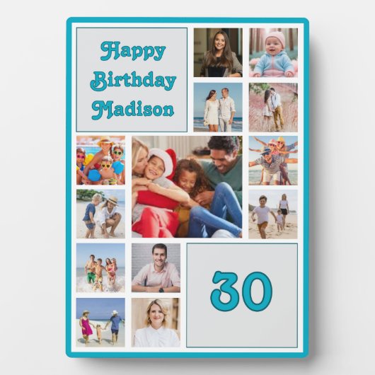 Any age birthday photo collage with blue border fotoplatte (Vorderseite)