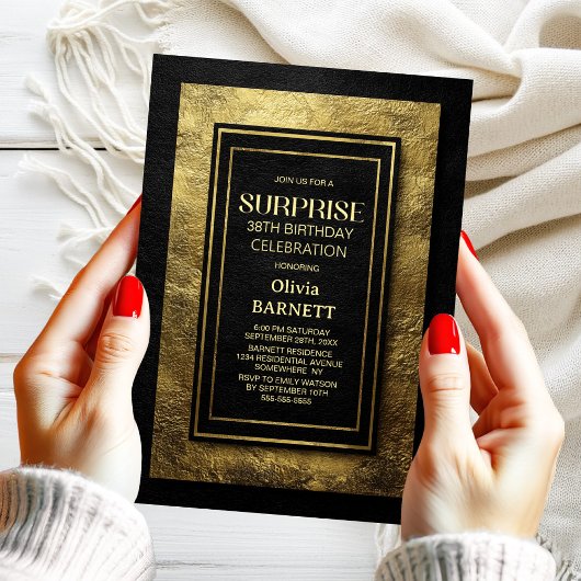 Any Age Black Gold Surprise Birthday Party Einladung