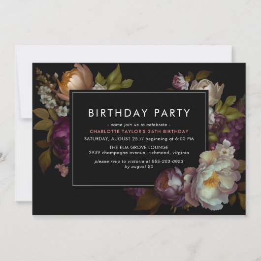 Any Age | Modern Black Moody Dark Floral Birthday Einladung (Vorderseite)