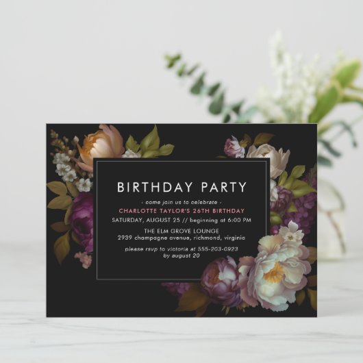 Any Age | Modern Black Moody Dark Floral Birthday Einladung (Stehend Vorderseite)