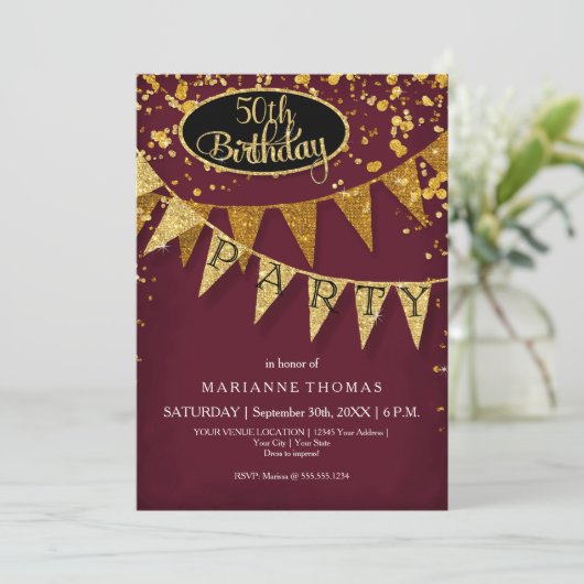 Any Birthday Burgundy Gold Pennant Banner Confetti Einladung (Stehend Vorderseite)
