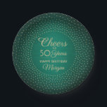 ANY Birthday Cheers Brushed Green & Gold Confetti Pappteller<br><div class="desc">Add an elegant personalized touch to birthday party decorations with these stylish green and gold paper plates. Design features modern script calligraphy editable "Cheers to 50 Years" and foil look confetti dots on a forest green faux brushed stainless steel background. Please note that gold is printed color, not metallic foil....</div>