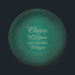 ANY Birthday Cheers Brushed Green & Gold Confetti Pappteller<br><div class="desc">Add an elegant personalized touch to birthday party decorations with these stylish green and gold paper plates. Design features modern script calligraphy editable "Cheers to 50 Years" and foil look confetti dots on a forest green faux brushed stainless steel background. Please note that gold is printed color, not metallic foil....</div>