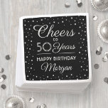 ANY Birthday Cheers Confetti Black White & Silver Serviette<br><div class="desc">Add an elegant personalized touch to birthday party decorations with these custom paper napkins. Design features modern script calligraphy customizable "Cheers to 50 Years" and silver faux foil confetti dots on a black background. This template is set up for a 50th birthday celebration, but is simple to personalize to a...</div>