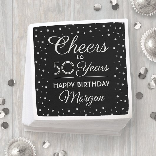 ANY Birthday Cheers Confetti Black White & Silver Serviette