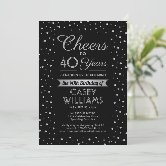 ANY Birthday Cheers Elegant Confetti Black Einladung (Stehend Vorderseite)