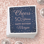 ANY Birthday Cheers Navy Blue & Pink Glitter Party Serviette<br><div class="desc">Add an elegant personalized touch to birthday party decorations for her with custom navy blue and pink rose gold paper napkins. Design features modern script calligraphy customizable "Cheers to 50 Years" and rose gold faux glitter confetti dots on a navy blue background. Please note that text is printed color, not...</div>