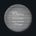 ANY Birthday Cheers Rustic Wood Elegant Gray White Pappteller<br><div class="desc">Add an elegant personalized touch to birthday party decorations with these stylish faux grey wood paper plates. Design features modern script calligraphy editable "Cheers to 30 Years" on a rustic gray wood look background. This template is set up for a 30th birthday celebration, but is simple to customize to a...</div>
