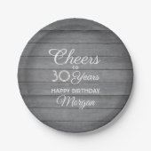 ANY Birthday Cheers Rustic Wood Elegant Gray White Pappteller (Vorderseite)