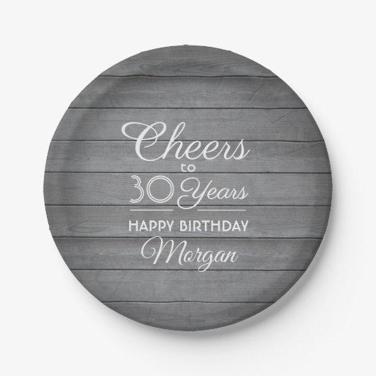 ANY Birthday Cheers Rustic Wood Elegant Gray White Pappteller (Vorderseite)