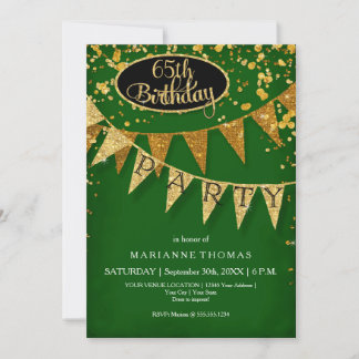 Any Birthday Emerald Gold Pennant Banner Confetti Einladung