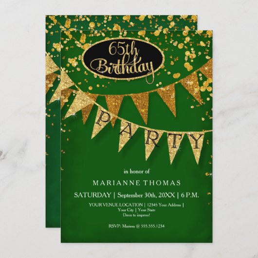 Any Birthday Emerald Gold Pennant Banner Confetti Einladung (Vorne/Hinten)