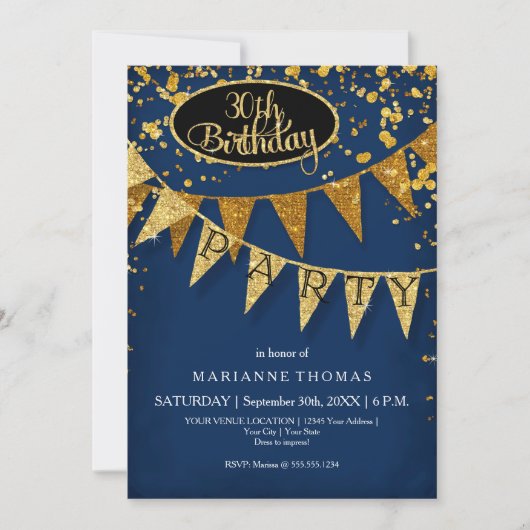 Any Birthday Navy Blue Pennant Banner Confetti Einladung (Vorderseite)