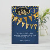 Any Birthday Navy Blue Pennant Banner Confetti Einladung (Stehend Vorderseite)