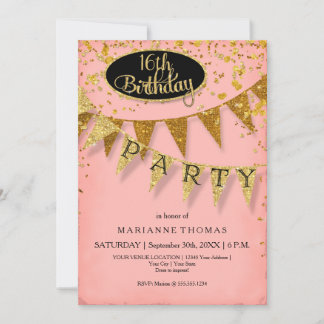 Any Birthday Pink and Gold Pennant Banner Confetti Einladung