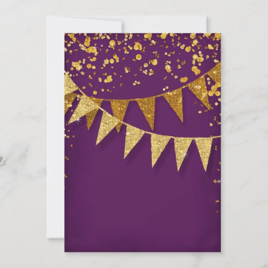 Any Birthday Purple Gold Confetti Pennant Banner Einladung (Rückseite)