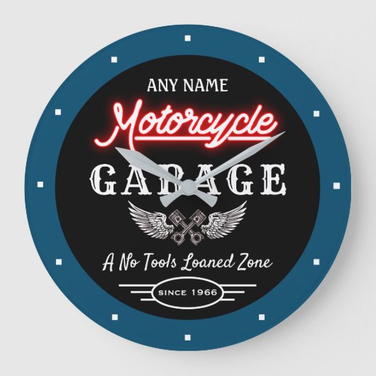 Any Name Red Faux Neon Garage Date Blue Black  Große Wanduhr (Vorderseite)