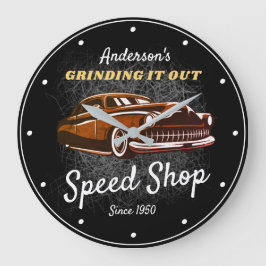Any Name Speed Shop Slogan Vintage Car on Black  Große Wanduhr