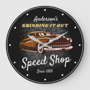 Any Name Speed Shop Slogan Vintage Car on Black  Große Wanduhr