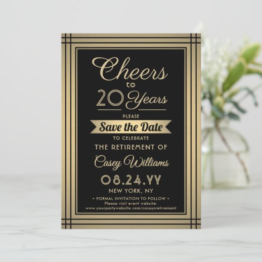ANY Number Retirement Party Cheers Black and Gold Save The Date (Stehend Vorderseite)