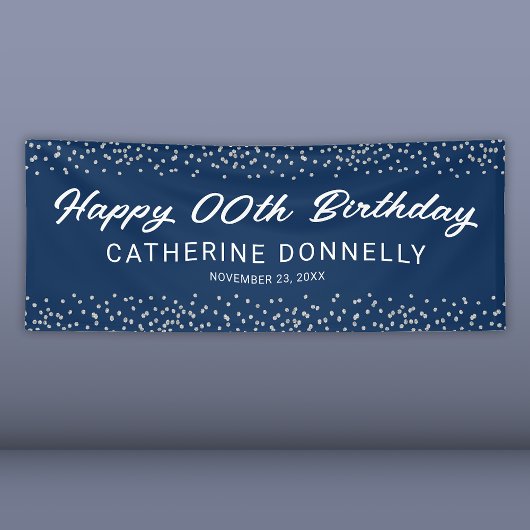 Any Year Blue Silver Happy Birthday Banner