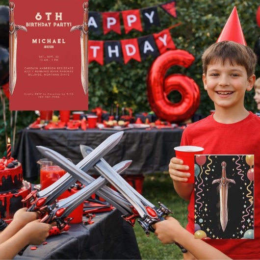 Any Year Swords Red Birthday Party Invitation Einladung