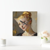 “Anya, Meticulously Content” – A Feminine Feline Quadratische Wanduhr (Zuhause)