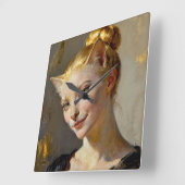 “Anya, Meticulously Content” – A Feminine Feline Quadratische Wanduhr (Winkel)