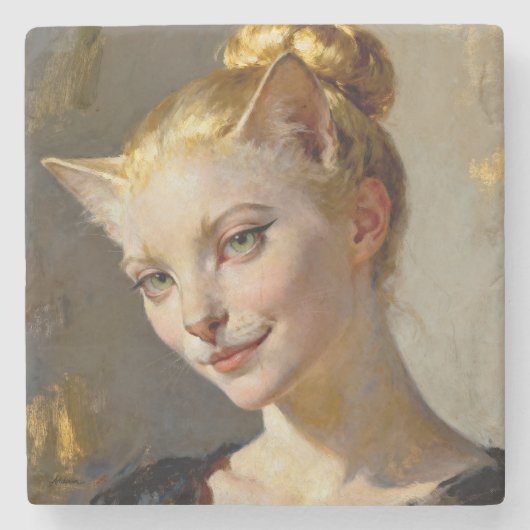 “Anya, Meticulously Content” – A Feminine Feline  Steinuntersetzer (Vorderseite)