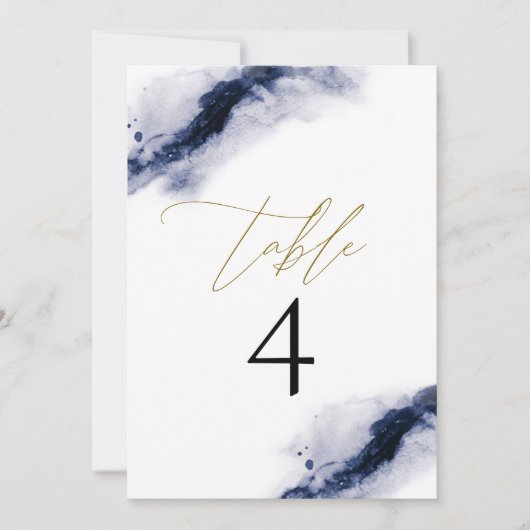 ANYA| Navy Blue Watercolor Gold Tischnummer (Vorderseite)