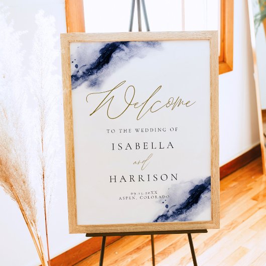 ANYA | Navy Blue Watercolor Splash Gold Willkommen Poster