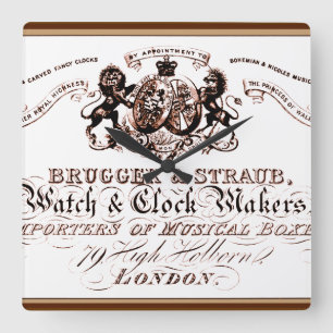 Anzeige eines Vintage-Uhrenherstellers Quadratische Wanduhr