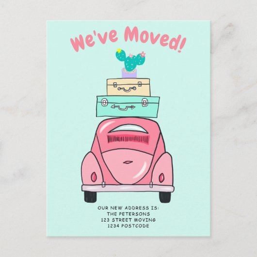 Anzeige für die Bewegung von Mini-Koffern Ankündigungspostkarte (Vorderseite)