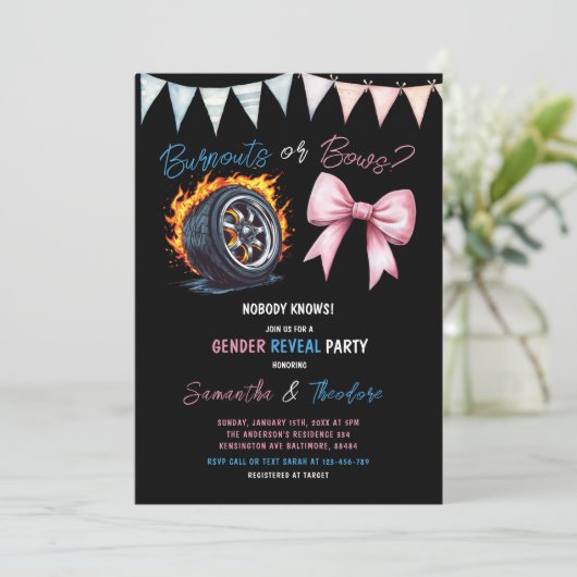 Anzeige von Ausfällen oder Bows Girl oder Boy Gend Einladung (Stehend Vorderseite)